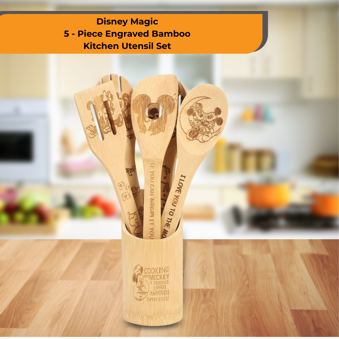 Disney Magic – 5-Piece Engraved Bamboo Kitchen Utensil Set