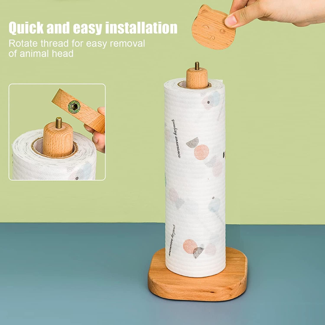 KitsuRoll – Japanese-Style Wooden Paper Towel Holder with Cute Cat Top