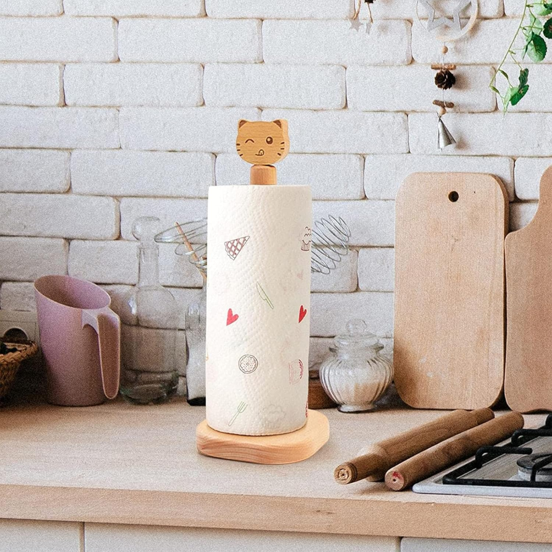 KitsuRoll – Japanese-Style Wooden Paper Towel Holder with Cute Cat Top