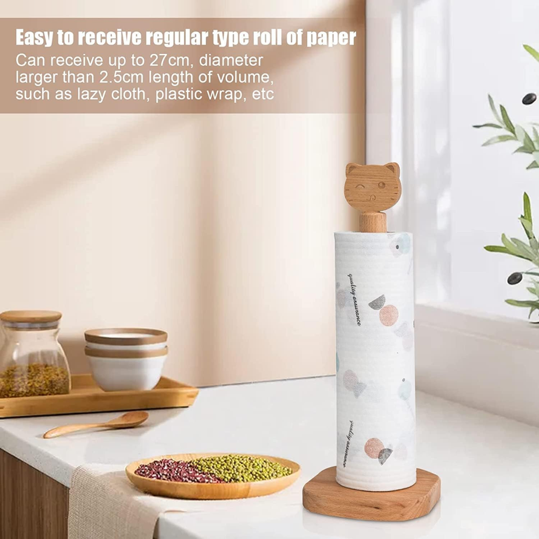 KitsuRoll – Japanese-Style Wooden Paper Towel Holder with Cute Cat Top