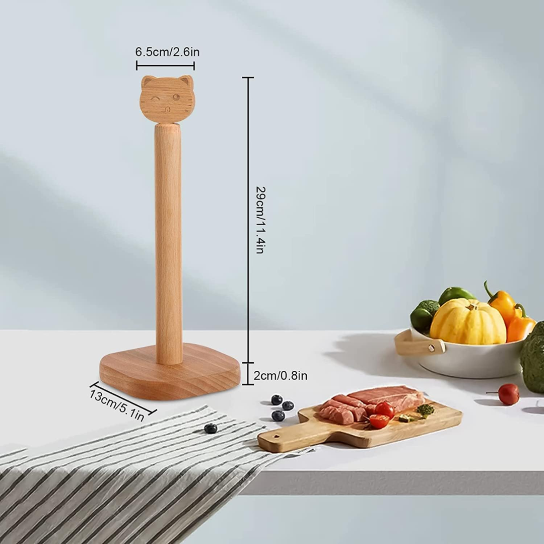 KitsuRoll – Japanese-Style Wooden Paper Towel Holder with Cute Cat Top