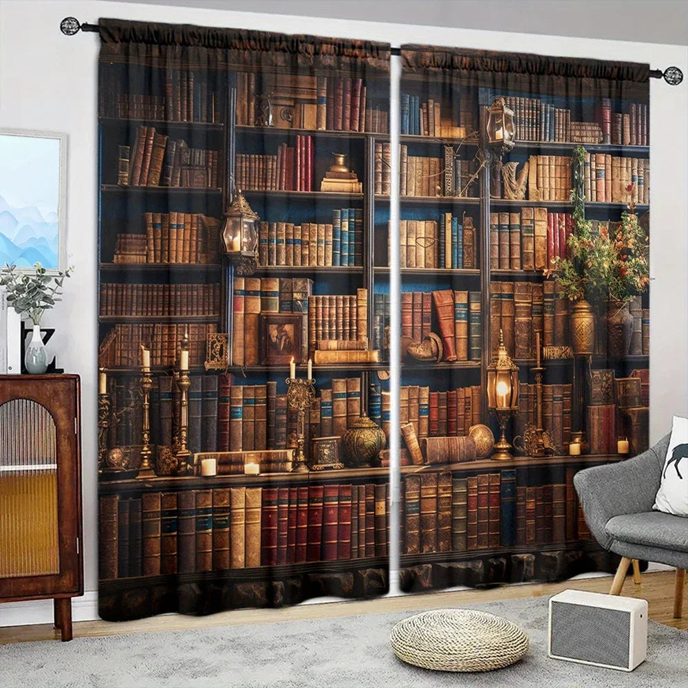 Vintage Library Elegance – 2PC Bookcase Print Curtains