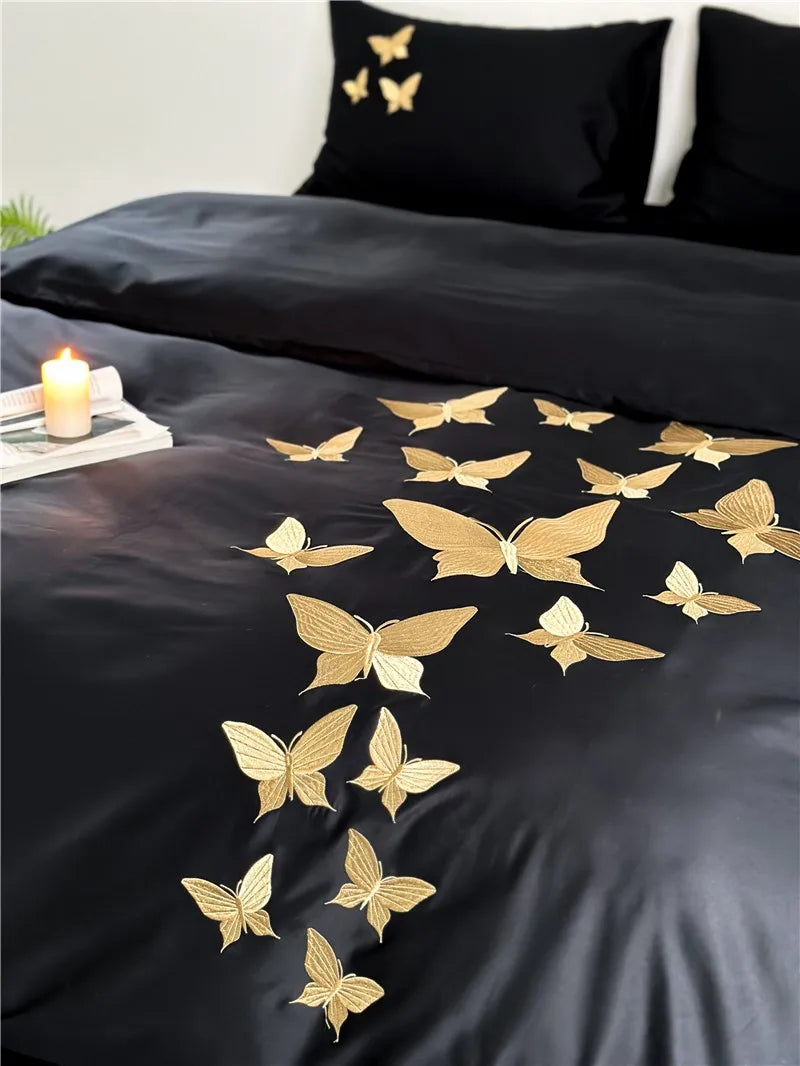 Farfalla Oro Embroidery Bedding Set -  1000TC Egyptian Cotton Black