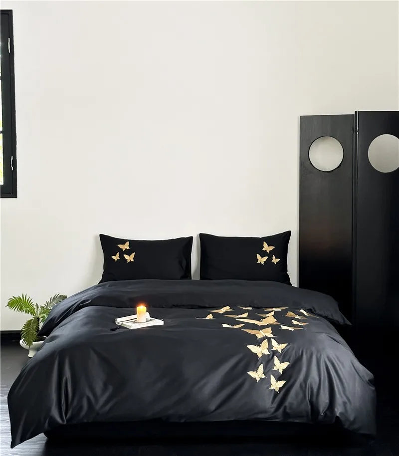 Farfalla Oro Embroidery Bedding Set -  1000TC Egyptian Cotton Black