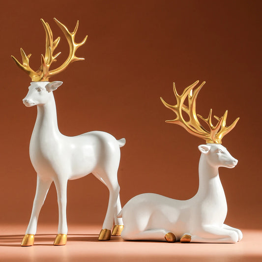 Aurora Deer Duo – White & Gold Reindeer Figurines