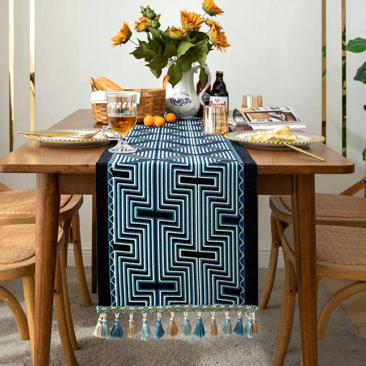 GeoTassel™ – Geometric Jacquard Table Runner