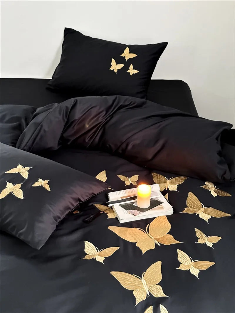 Farfalla Oro Embroidery Bedding Set -  1000TC Egyptian Cotton Black