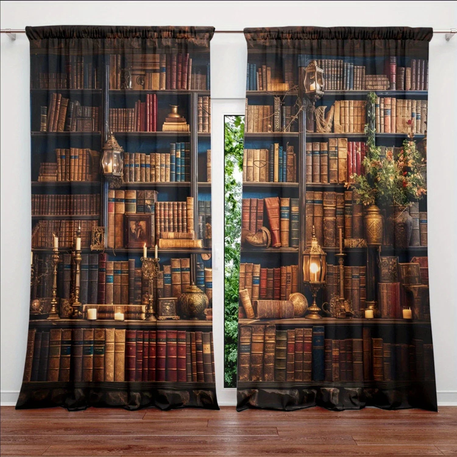 Vintage Library Elegance – 2PC Bookcase Print Curtains