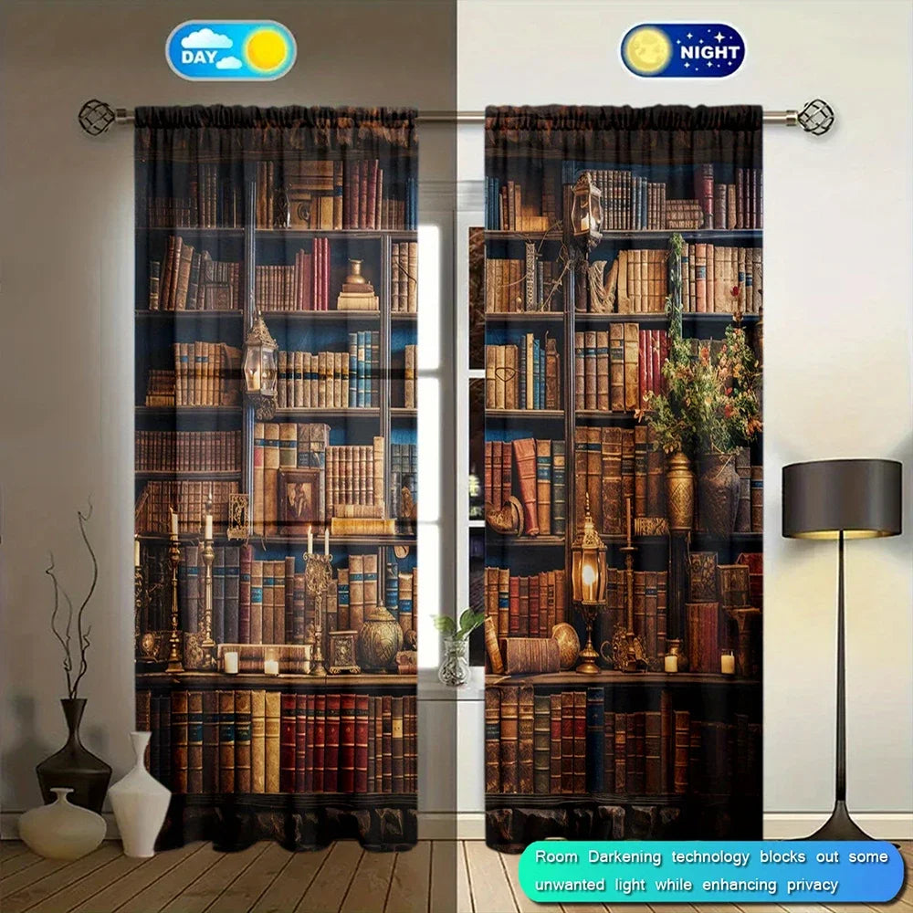 Vintage Library Elegance – 2PC Bookcase Print Curtains