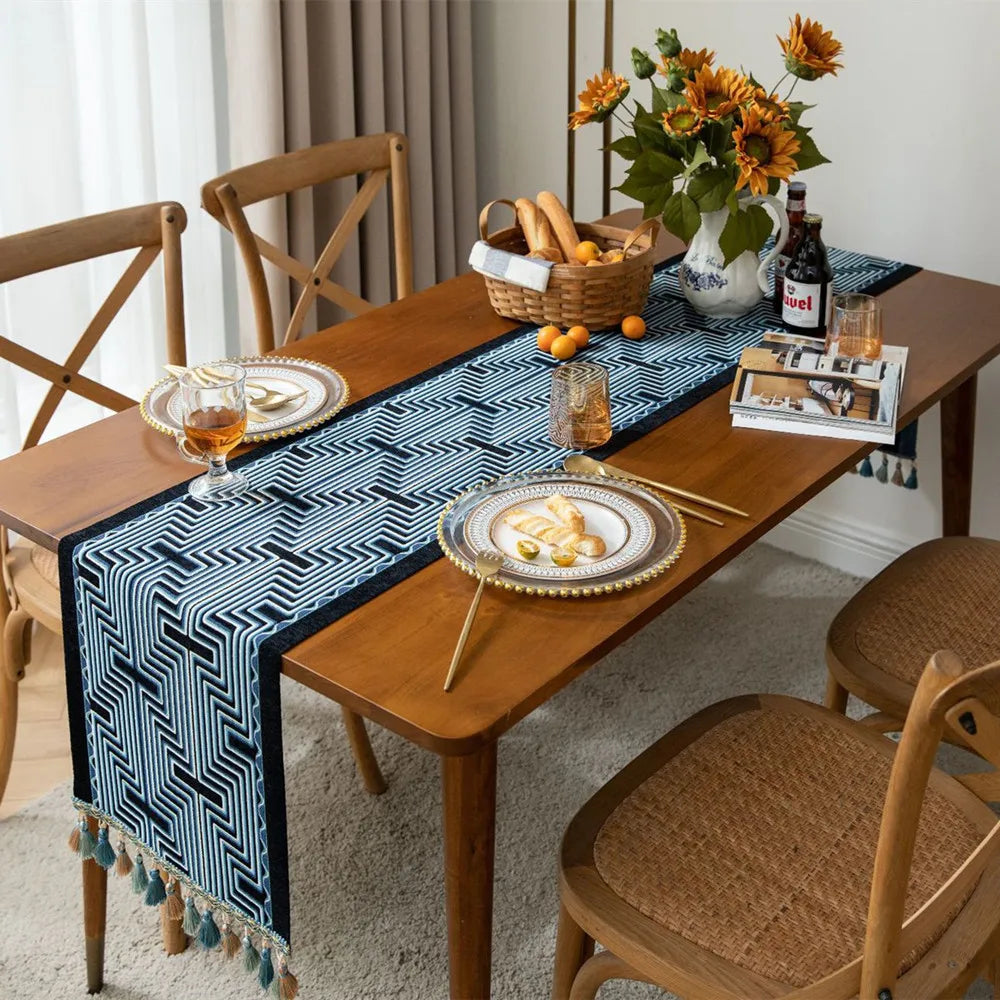 GeoTassel™ – Geometric Jacquard Table Runner
