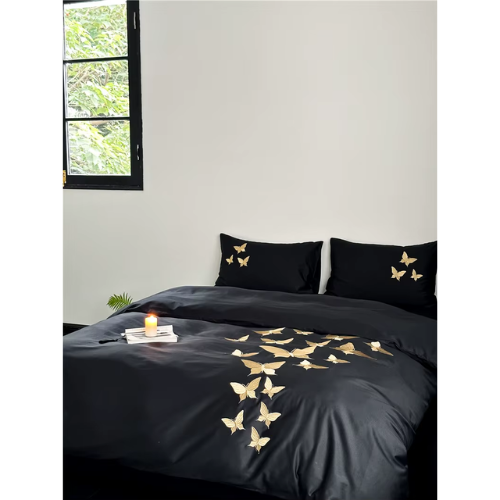 Farfalla Oro Embroidery Bedding Set -  1000TC Egyptian Cotton Black